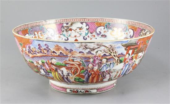 A Chinese famille rose mandarin pattern punch bowl, Qianlong period, diameter 32.5cm, chipped and cracked